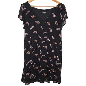 Express Womens Black Colorful Floral Print Chiffon Flutter Sleeve Dress Large